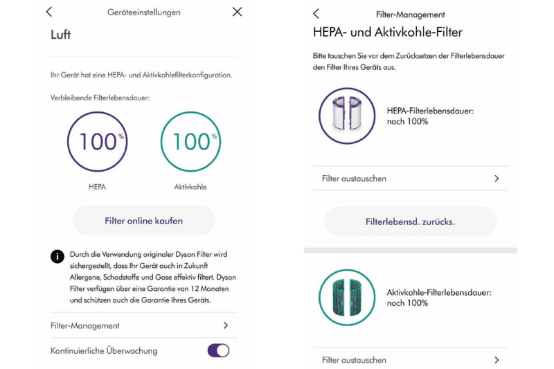 Das Filtermanagement zeigt, welche Filtereinheiten im Dyson Pure Cool TP04 verbaut sind und in welchem Zustand der Abnutzung der HEPA- und Aktivkohlefilter sich befinden